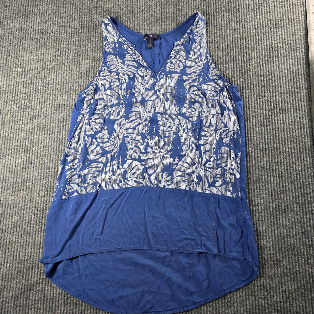 Gap Womens Blue White Tropical Leaf Print‎ Sleeveless High Low V-Neck Top Size M
